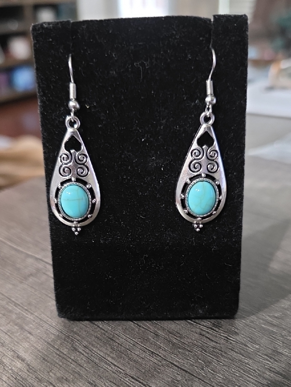 Silver Teardrop Earrings with Turquoise Stone
